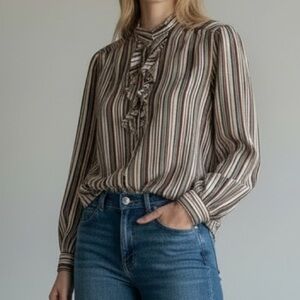 Vintage Striped Mock Neck Ruffle collar Secretary Blouse Fall Cream brown Teal